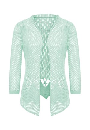 Cardigan deschis la culoare verde mentă, tricotat cu ochiuri, cu decolteu în V, mâneci trei sferturi și un model triunghiular decupat în partea din față.
