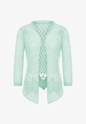 Cardigan en maille ouverte vert menthe clair avec un décolleté en V, des manches trois-quarts et une découpe en motif triangulaire au centre avant.