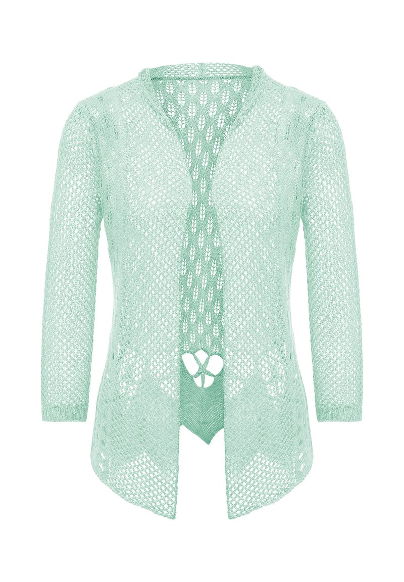 Hellgrün offenes Strickjacke mit V-Ausschnitt, Drei-Viertel-Ärmeln und einem dreieckigen Muster-Ausschnitt an der Vorderseite.