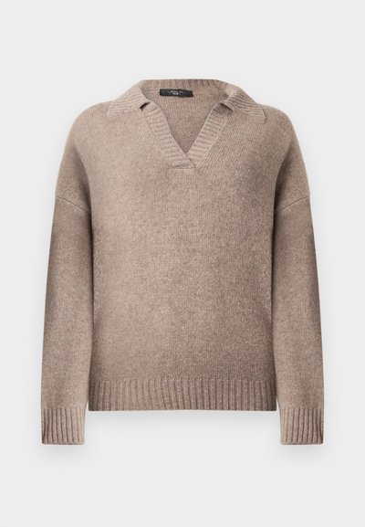 Taupe värvi õhulisest lõngast valmistatud pika varrukaga kampsun, millel on soonikkoes mansetid, alumine serv ja krae ning avatud V-kaelusega disain.