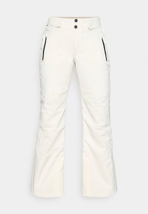 Pantaloni da sci bianchi con una texture liscia, dotati di due tasche laterali con zip, due bottoni in vita e un design della gamba leggermente svasato.