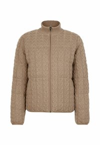 Beige stickad jacka med hög krage, dragkedja framtill och texturerat flätmönster. Långa ärmar och ribbstickade muddar avslutar designen.