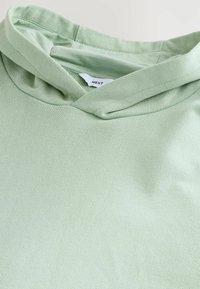 Sweat à capuche vert clair avec col visible et étiquette de marque blanche indiquant "NEXT" à l'intérieur de l'encolure.