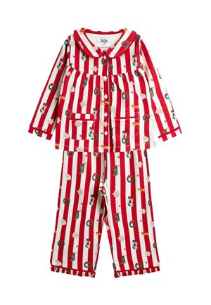 Červeno-bílé pruhované bavlněné pyžamo se svátečními vzory věnců, punčoch a hvězd; má límeček a zapínání na knoflíky.