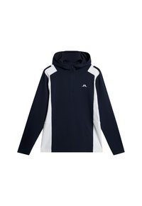 Marinblå och vit hoodie med halvdragkedja, långa ärmar och en logotyp på bröstet. Tillverkad av ett mjukt, lätt tyg.