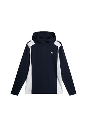 Laivastonsininen ja valkoinen vetoketjuhuppari, jossa on puolivetoketjolla varustettu kaulus, pitkät hiharat ja logo rinnassa. Valmistettu sileästä ja kevyestä kankaasta.