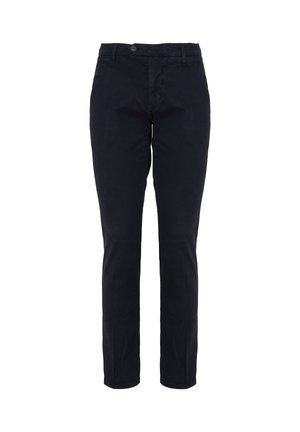 Pantaloni neri slim-fit in tessuto misto cotone. Presentano una chiusura con bottone, tasche frontali e una texture liscia.