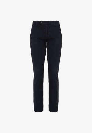 Sorte, slim-fit bukser i blandleder materiale. Har knaplukning, forlommer og en glat tekstur.