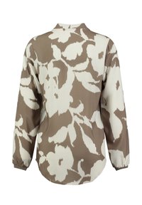 Blusa a maniche lunghe in beige e bianco con motivo floreale. Tessuto leggero, orlo arrotondato e maniche con polsini. Design del colletto standard.