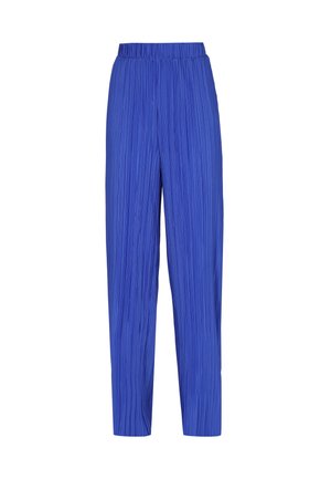 Pantaloni plissettati blu con vita elastica, caratterizzati da un taglio dritto e tessuto leggero, che presentano linee testurizzate verticali.