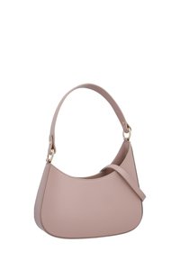 Ljusrosa läderhandväska med en rundad silhuett, en enda rem och detaljer i guldton. Slät textur med minimalistisk design.