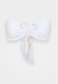 Strapless bikini top in light pastel with paisley pattern, featuring a tied front and decorative beads at the center. Smooth, soft fabric.