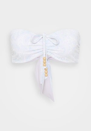 Pánt nélküli bikini felső világos pasztell színben, paisley mintával, megkötős elülső résszel és díszítő gyöngyökkel a középen. Simogató, puha anyag.