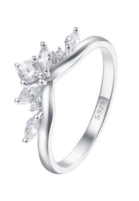 Pierścionek ze srebra sterlingowego z zakrzywioną obrączką, ozdobiony skupiskiem okrągłych i szlifierskich kryształów w różnych rozmiarach.