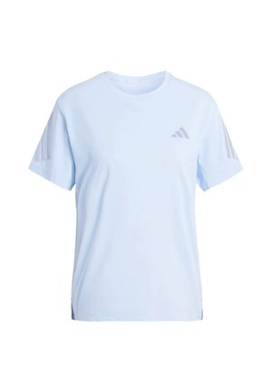Light blue athletic shirt made of smooth fabric, featuring short sleeves and three gray stripes on each shoulder. Small logo on chest.