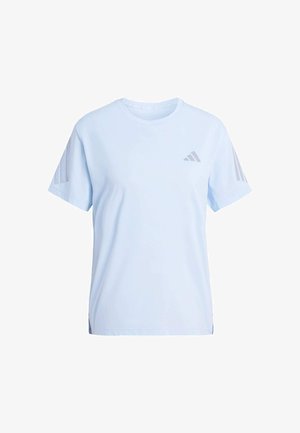 Light blue athletic shirt made of smooth fabric, featuring short sleeves and three gray stripes on each shoulder. Small logo on chest.
