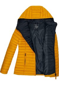 Yellow quilted jacket with a hood and a black interior; features a side zipper pocket and a smooth texture. Lined with insulated fabric.