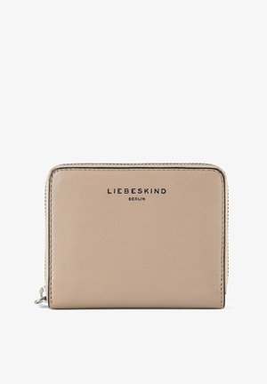 Portefeuille beige avec fermeture éclair sur tout le pourtour et logo noir "Liebeskind Berlin" centré à l'avant, fermeture éclair visible et bords cousus.