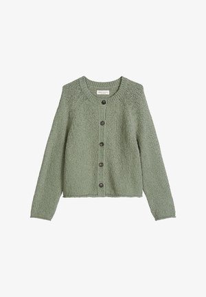 Lichtgroen gebreid vest met lange mouwen en vijf donkere knopen aan de voorkant, met een ronde halslijn en een gestructureerde stof.