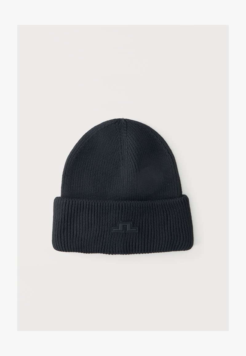 Bonnet en maille noire côtelée avec revers plié et petit logo ton sur ton au centre devant.