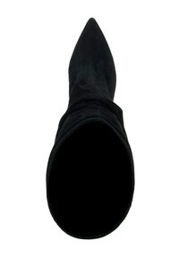 Black suede pointed-toe over-the-knee boot with a slouched design, featuring a smooth texture and a tapered silhouette.