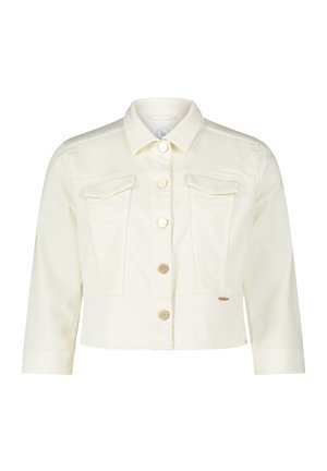 Weiße, taillierte Jeansjacke mit langen Ärmeln, goldenen Knöpfen und zwei Brusttaschen. Glatte Textur und klassisches Kragen Design.