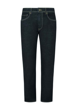 Jean en denim foncé avec une coupe slim, dotés de coutures jaunes, de cinq poches et d'une fermeture à bouton et à glissière. Texture lisse, sans ornements.