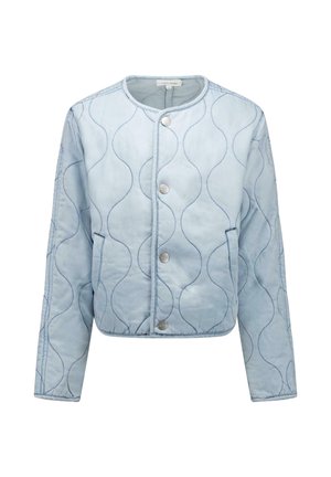 Lichtblauw doorgestikt jack met een ronde hals, drukknopen, golvend stikselpatroon en zijzakken.