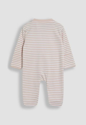 Csíkos kisbaba rugdalózó hosszú ujjakkal, puha pamut anyagból készült, rózsaszín és fehér színben, kerek nyakkivágással és bordázott díszítéssel.