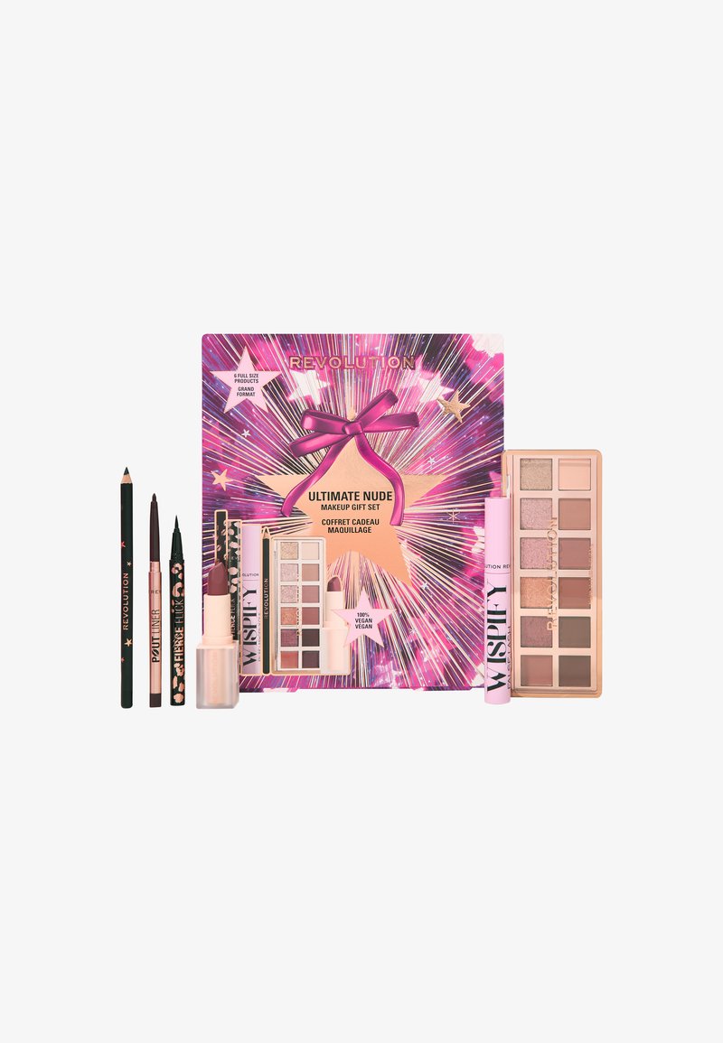 Coffret de maquillage avec un packaging rose et violet, présenté avec un nœud et des graphiques d'étoiles. Comprend une palette de fards à paupières, un eyeliner, un gloss à lèvres et des crayons.