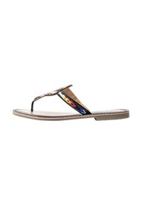 Sandal flat con cinturino intrecciato di perline multicolori, parte superiore in materiale sintetico nero e suola marrone. Design minimalista in stile infradito.