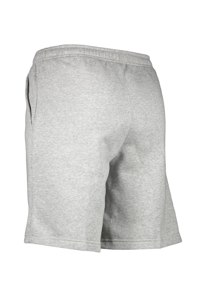 Gray cotton shorts with an elastic waistband, side pockets, and a relaxed fit. The fabric has a smooth texture and is lightweight.