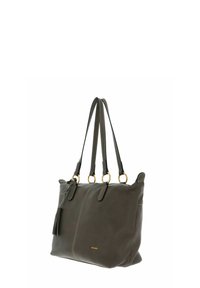 Sac à main en cuir vert olive avec double poignée, accents en métal doré, surface texturée et détail de gland sur le côté. Bandoulière réglable incluse.