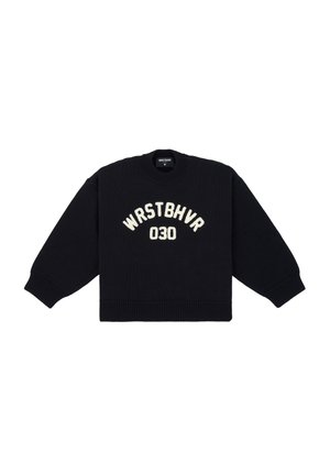 Black knit sweater featuring a crew neckline, ribbed cuffs, and hem, with white "WRSTBHVR 030" lettering on the front.