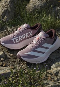 Ζευγάρι mauve και λευκά παπούτσια τρεξίματος Adidas Terrex, που ξεκουράζονται σε βραχώδες έδαφος με γρασίδι και μικρά μωβ λουλούδια κοντά.