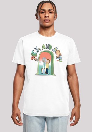 White cotton T-shirt featuring a colorful cartoon graphic of two characters at a green portal, with "Rick and Morty" text above.