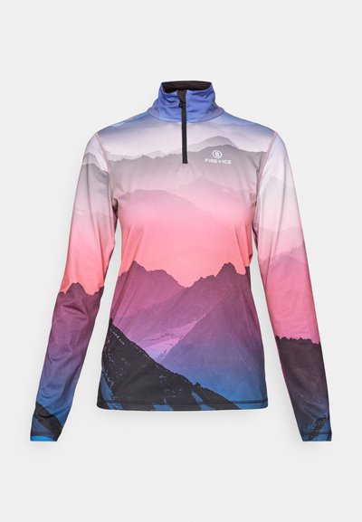 Hosszú ujjú, cipzáros felső hegyvidéki tájnyomatban, lila, rózsaszín és kék árnyalatokkal, a "FIRE+ICE" logóval a mellrészen.