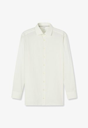 Weißes langärmeliges Hemd aus glattem Stoff, mit klassischem Kragen, Knopfleiste und geknöpften Manschetten. Dezenter Glanz.