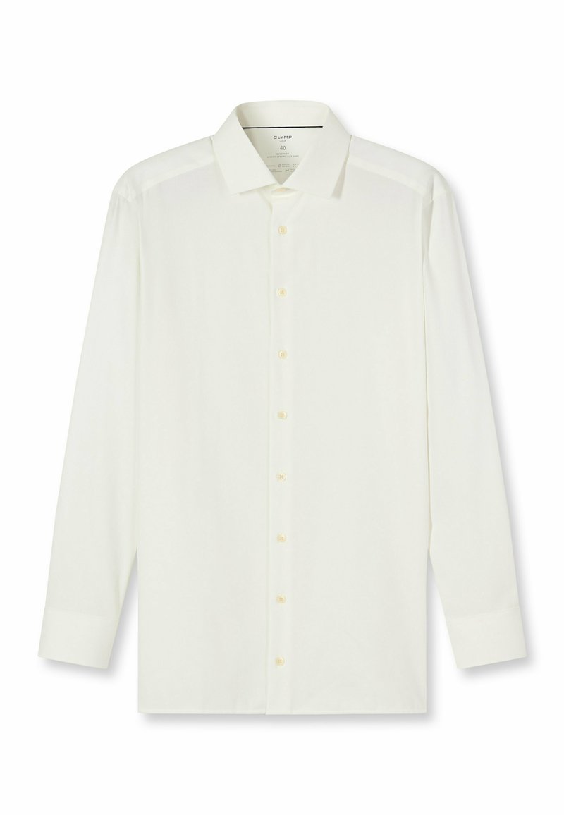 Wit shirt met lange mouwen van gladde stof, voorzien van een klassieke kraag, knoopsluiting en knoopmanchetten. Subtiele glansafwerking.