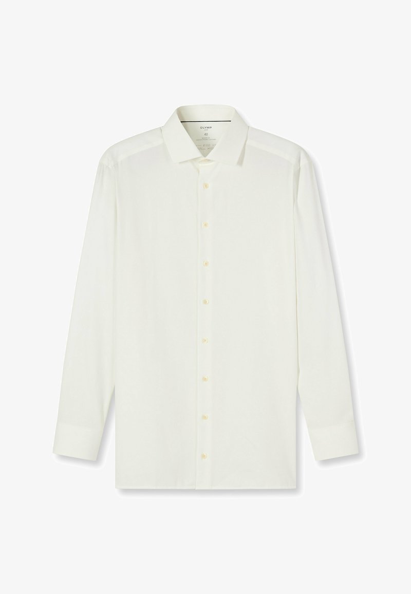 Wit shirt met lange mouwen van gladde stof, voorzien van een klassieke kraag, knoopsluiting en knoopmanchetten. Subtiele glansafwerking.