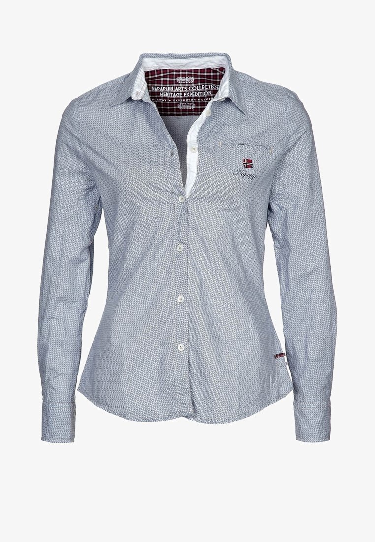 Long-sleeved button-up shirt in blue with a subtle pattern, white collar, and embroidered logo on the chest. Features standard cuffs and plackets.