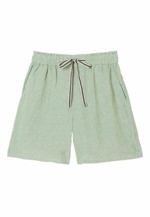 Pantaloni scurți din in verde deschis cu talie elastică și șnur alb-negru cu dungi, prevăzuți cu buzunare laterale.
