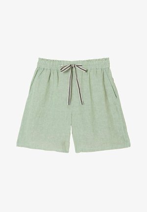 Világoszöld vászon rövidnadrág elasztikus derékpánttal és fekete-fehér csíkos húzózsinórral, oldalzsebekkel.