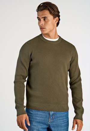 Mann in olivgrünem, geripptem Pullover über weißem Hemd und blauer Jeans, der nach links schaut, vor einem schlichten, hellen Hintergrund.