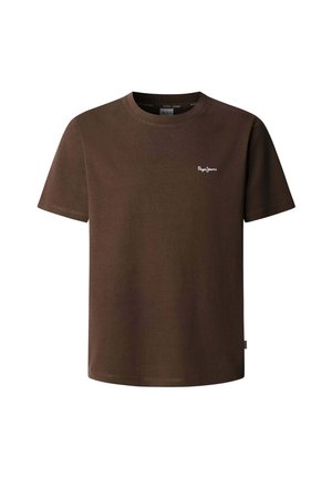 Camiseta marrón de manga corta hecha de algodón, con un cuello redondo y un pequeño logotipo blanco en la parte izquierda del pecho.