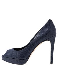 Décolleté blu navy con tacco alto in tessuto testurizzato, design open toe, piattaforma anteriore e tacco a stiletto. Fodera interna nera liscia.