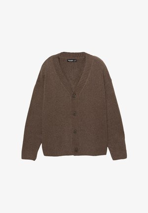 Brauner gestrickter Cardigan mit V-Ausschnitt, gerippten Bündchen und Saum sowie fünf großen Knöpfen auf der Vorderseite. Weicher Stoff mit lockerem Schnitt.