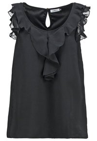 Haut noir sans manches en tissu léger avec un design à volants sur le devant et une petite ouverture en forme de clé dans le dos.