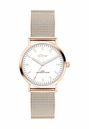 Montre à bracelet en maille or rose avec cadran blanc, index et aiguilles dorés, affichant 10:10:36, résistante à l'eau jusqu'à 50 mètres.