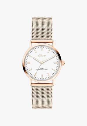 Armbanduhr mit roségoldenem Mesh-Armband, weißem Zifferblatt, goldenen Stundenmarkierungen und Zeigern, zeigt 10:10:36, wasserdicht bis 50 Meter.